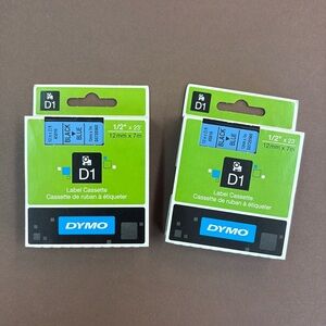 🟢 FREE WITH ANY PURCHASE OVER $10. (2) DYMO D1 Label 1/2” x 23’ Black on Blue